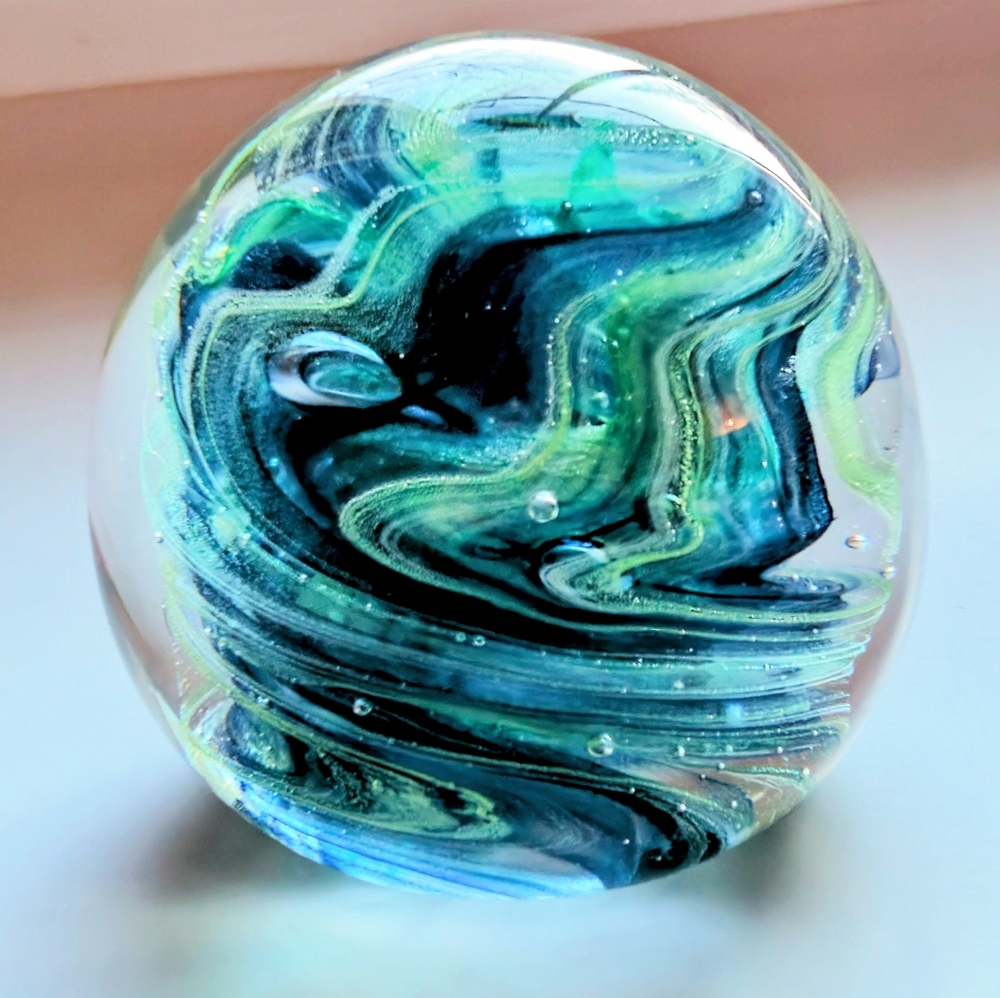 Vintage Kerry Glass Ireland Handmade Green & Blue Art Glass Paperweight Kerry